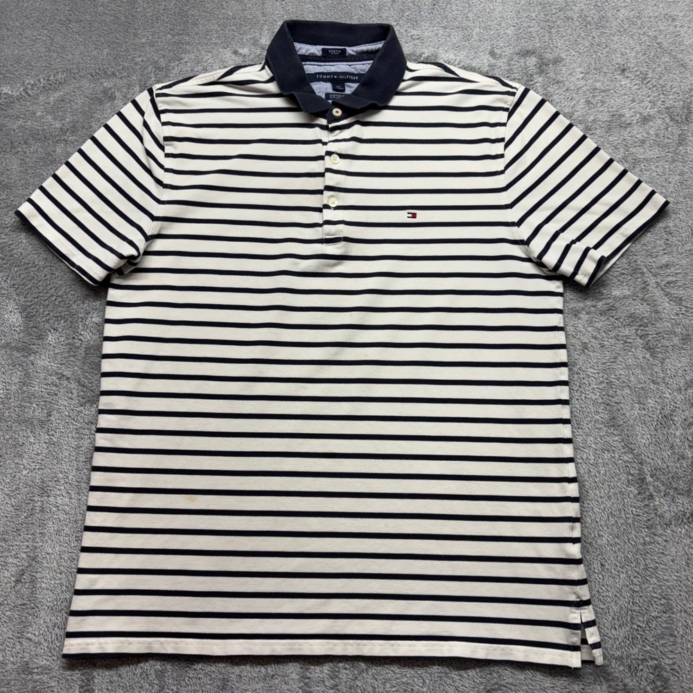 Tommy Hilfiger Polo‎ Shirt Mens L White Navy Good Striped Custom Fit Stretch